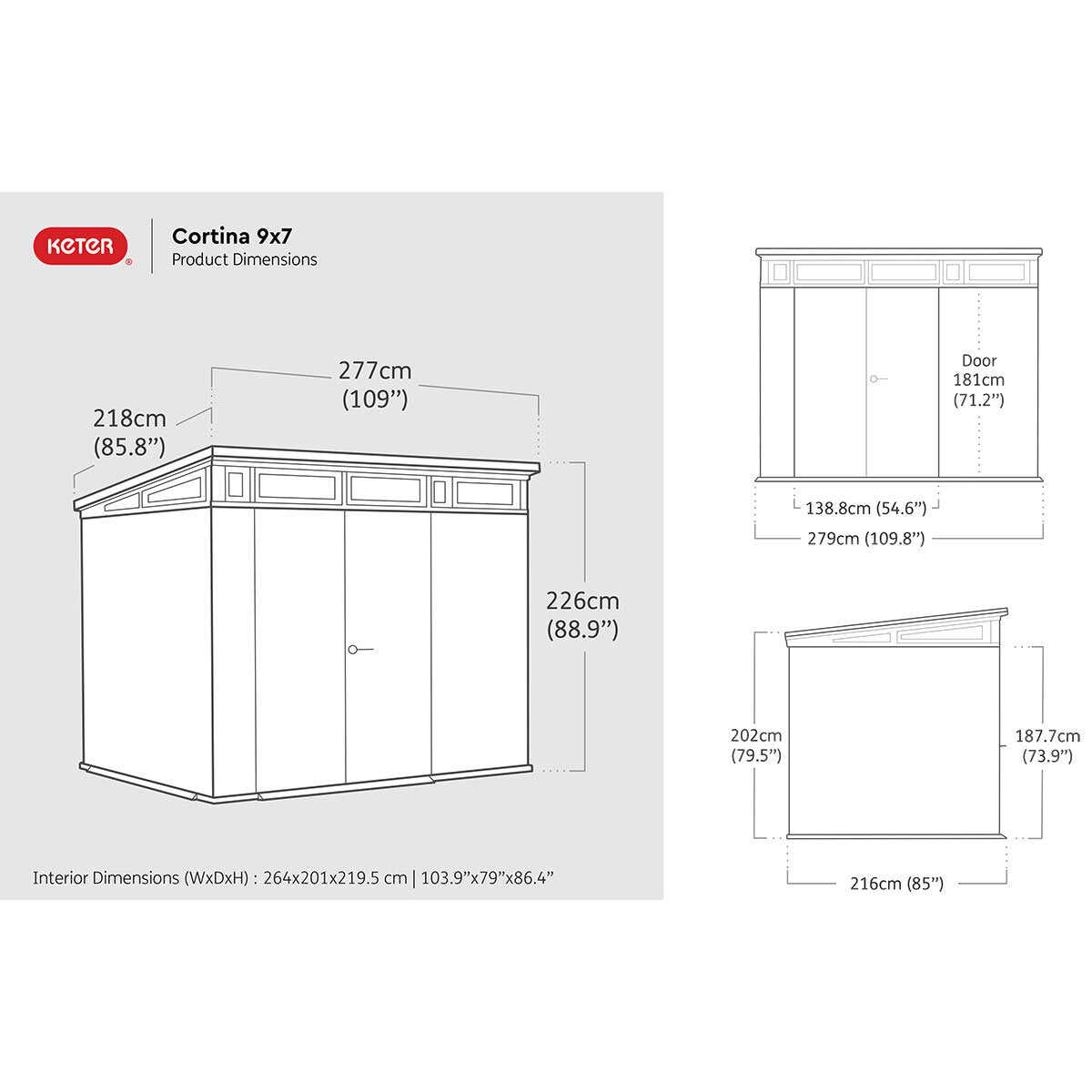 Keter Cortina 9ft 2" x 7ft (2.8 x 2.1m) Storage Shed in Grey